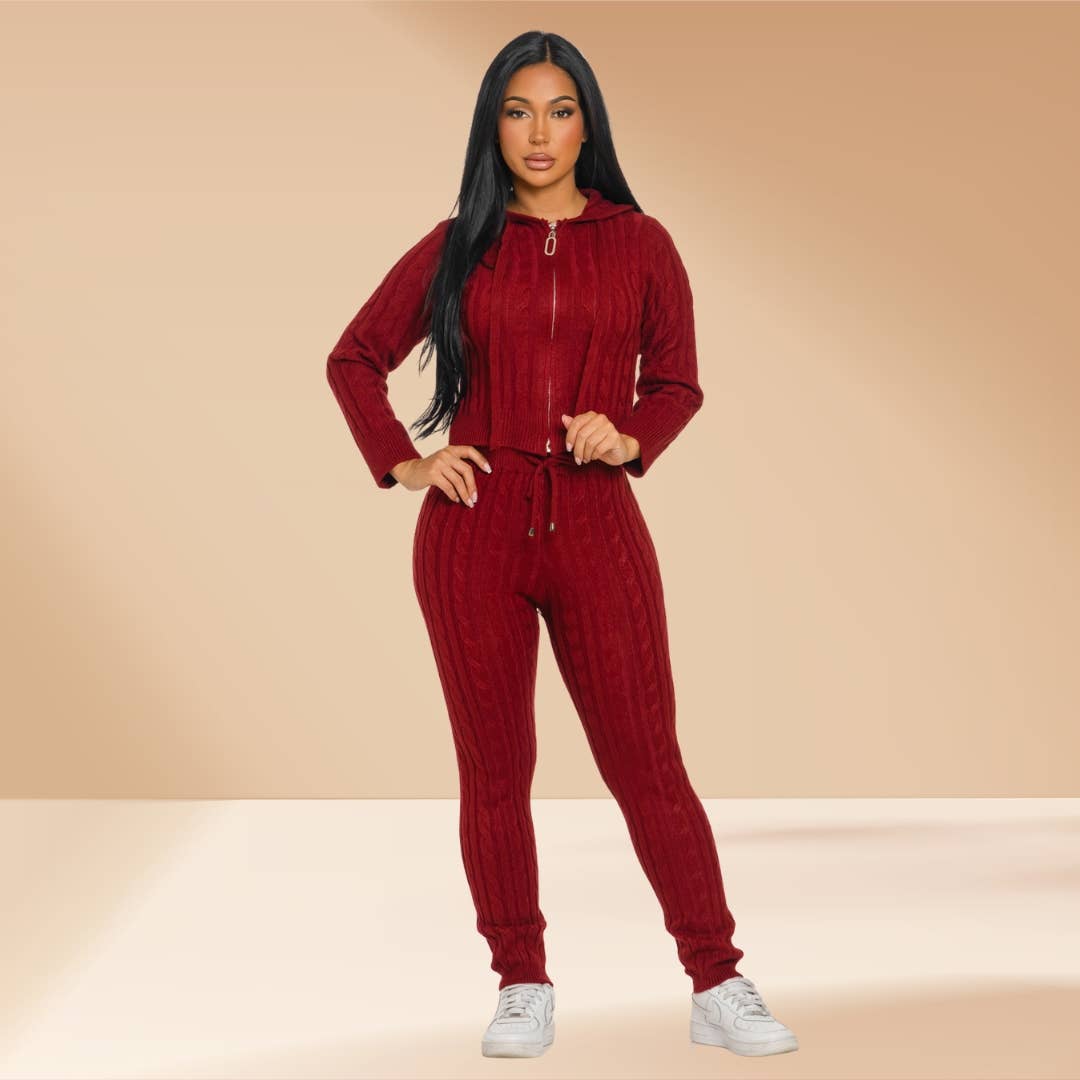 Celystrends - Wholesale Lounge Set - Women's - Cable Knit Pants Set Hooded Sweater11