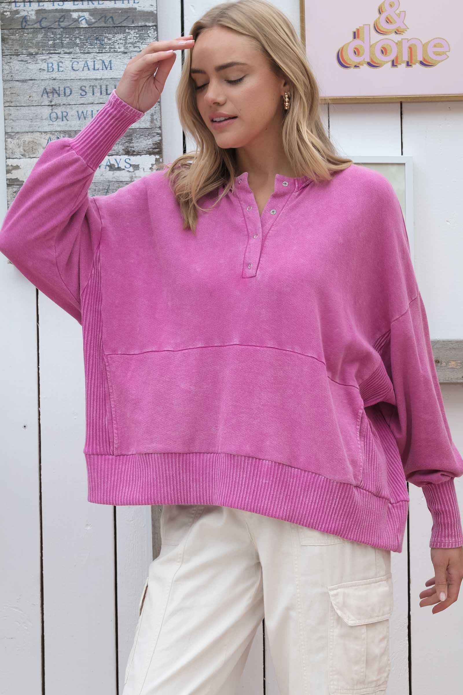 Magenta Plus Garment-dyed oversized top with a front pocket-PLT9681 for wholesale on Faire2