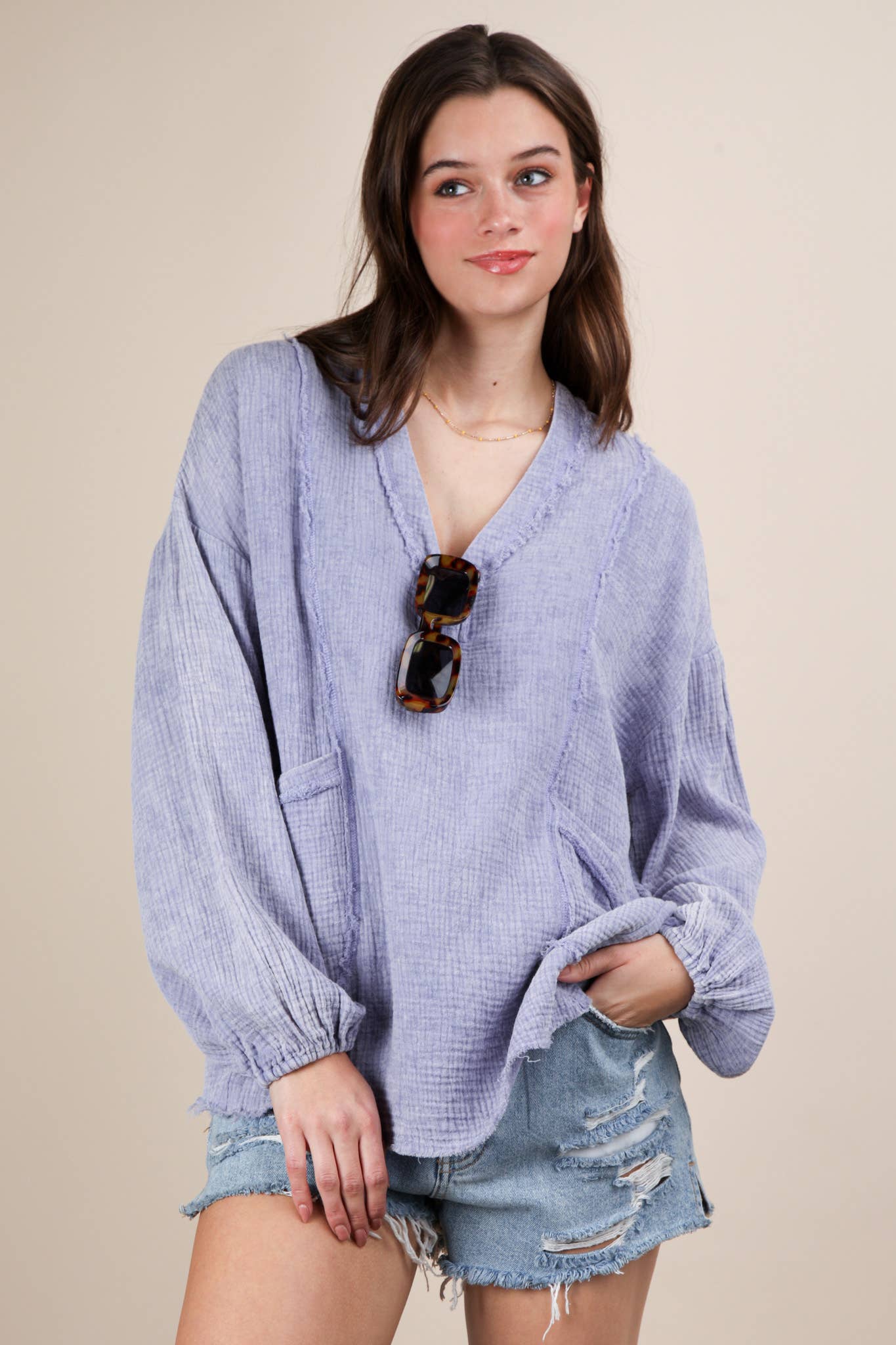 VERY J - Wholesale Shirt - Women's - NT12105-Washed Cotton Gauze Oversized Top10