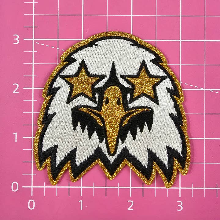 Scratch Decor - Wholesale Patch - Small Black White Eagle Gold Glitter Mascot with Star Eyes Embroidery Iron On Patch1