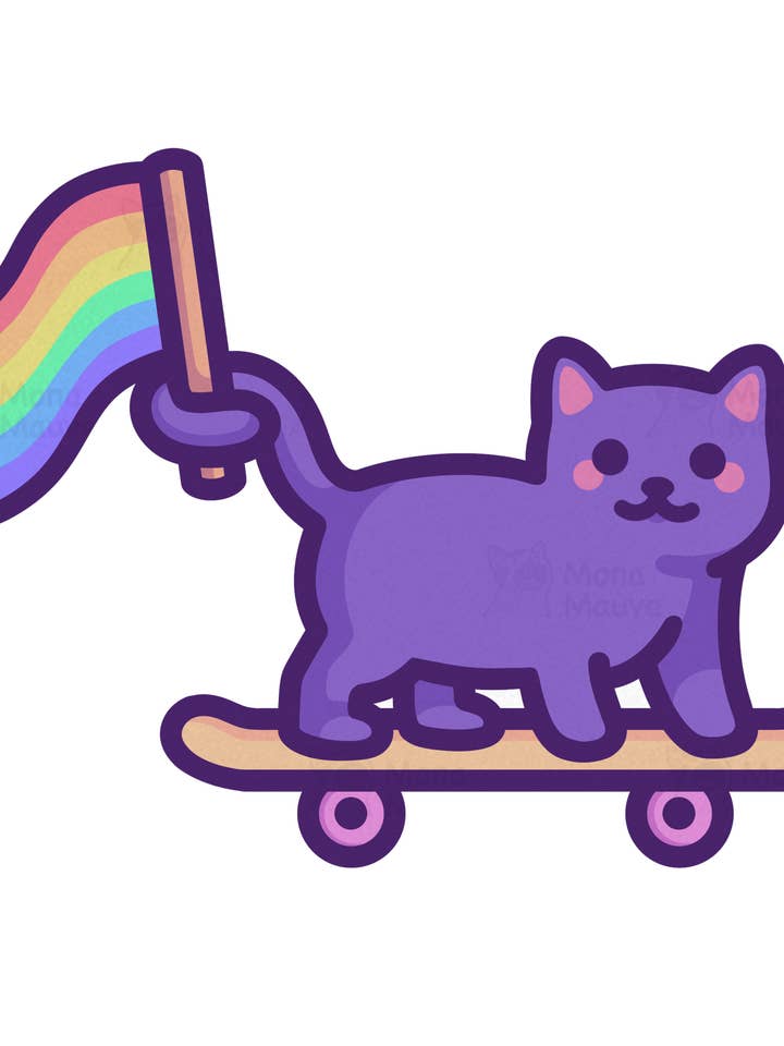 Adesivo LGBTQ+ Pride | Gatto con bandiera arcobaleno su skateboard per la vendita all'ingrosso da parte di Mona Mauve • Silly Art!