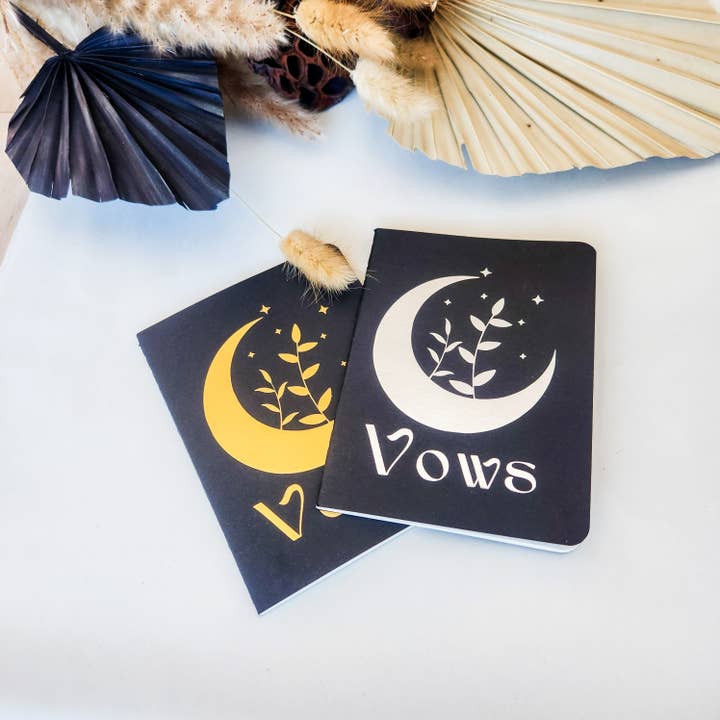 Celestial Moon and Stars Wedding Vow Books, Set of 2, Gold or Silver on Black for wholesale by Lovesick Rebel