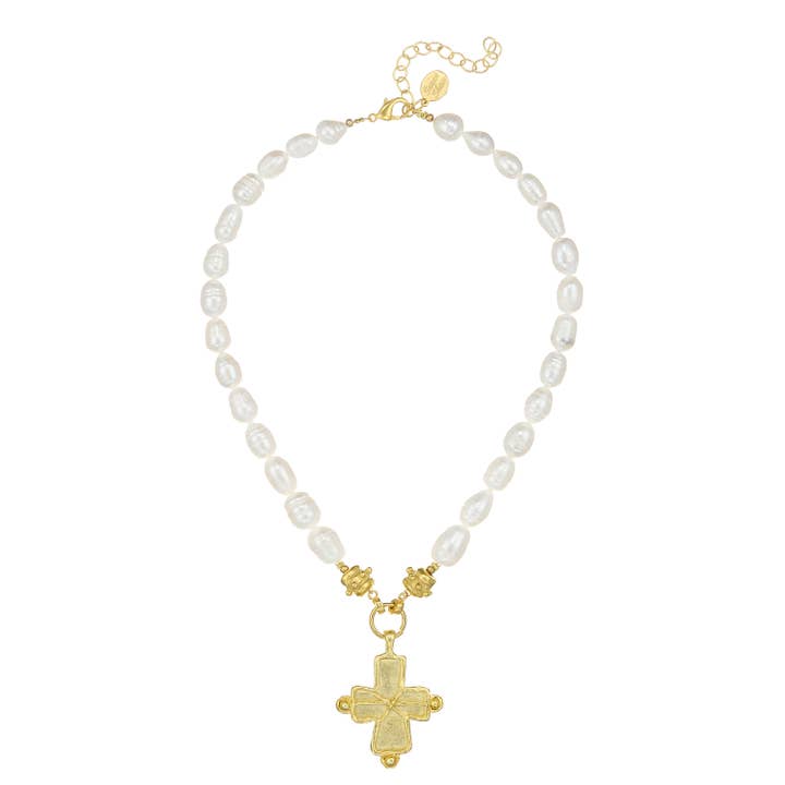 Susan Shaw - Wholesale Pendant/Charm Necklace - Gold Cross Pearl Necklace - With Extender Chain