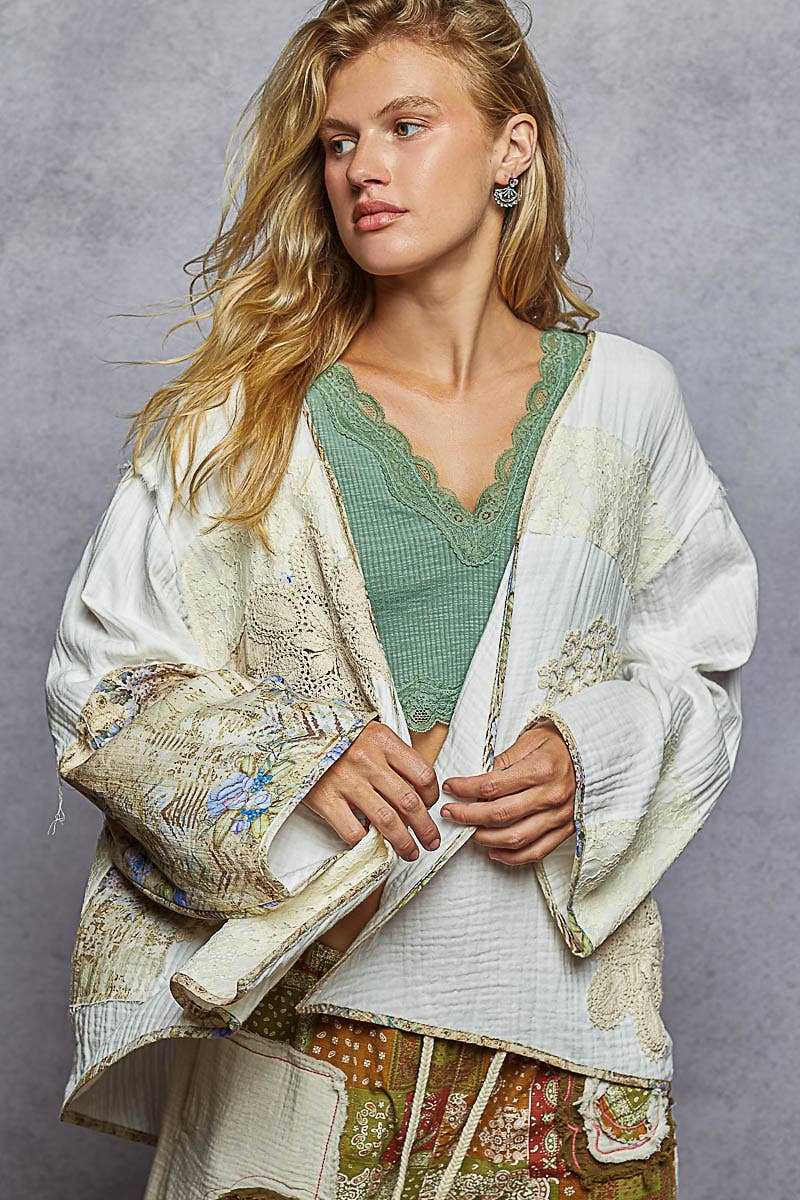 Pol Clothing - Wholesale Cardigan - Women's - Long sleeve double gauze crochet patch cardigan woven top5