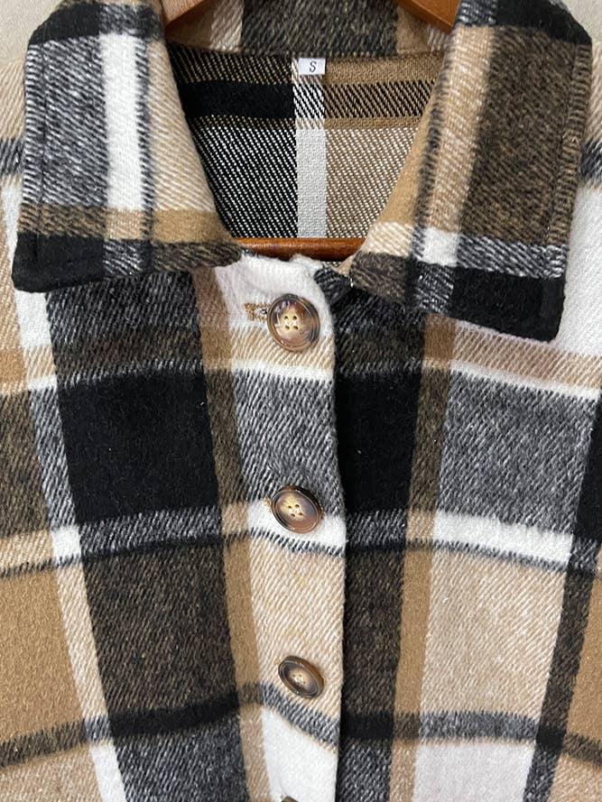 Brown Plaid Flannel Shacket Jacket Women XC1238-B2 for wholesale on Faire8