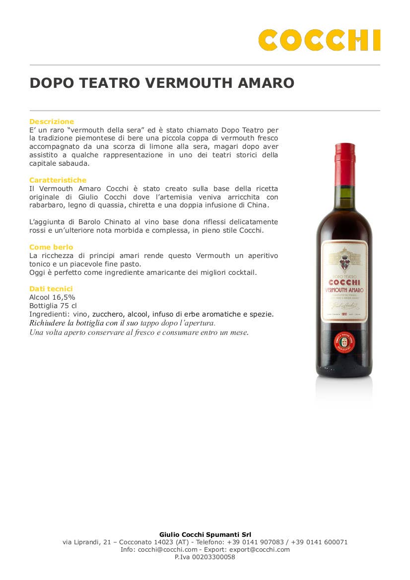 Metina SAS - Wholesale Champagne/mousserende wijn - Na Teatro Amaro Vermouth in Turijn Cocchi 75 cl.3