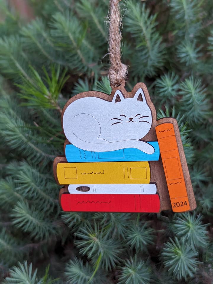 Cat and Books Christmas Ornament for wholesale by The Little Ornament Shop