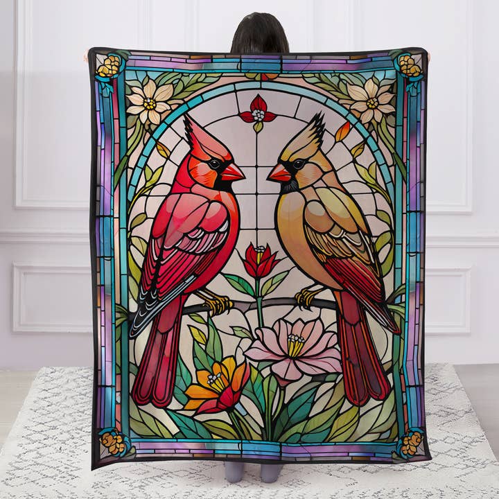 "Cardinal Pair"  1-Ply Faux Fur Everyday Blanket for wholesale by Duke Imports