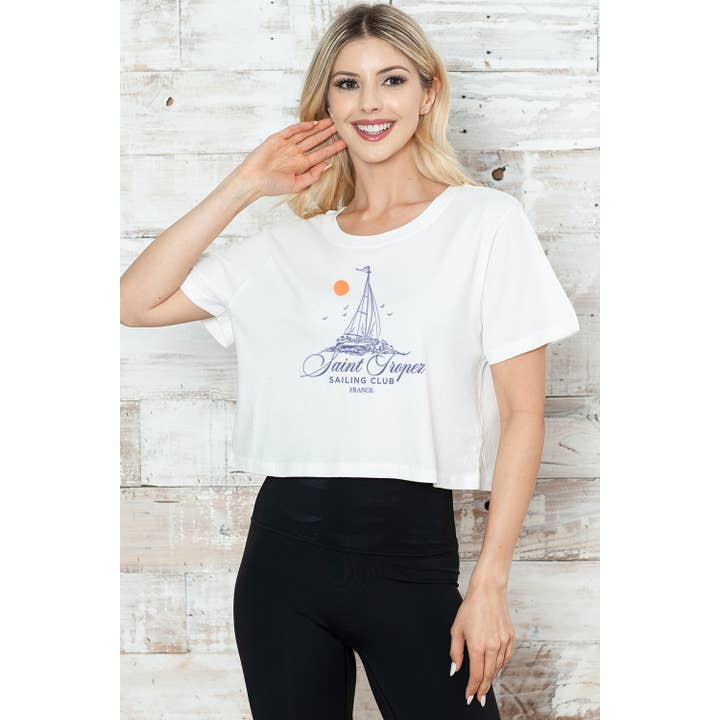 MINEB – wholesale Screen printed t-shirt – Women′s – SAINT TROPEZ SAILING CLUB CROP TEE2