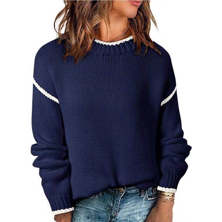 Rosa Clothing - Wholesale Knit Sweater - Women's - Blanket Stitch Ribbed Knit Pullover Sweater