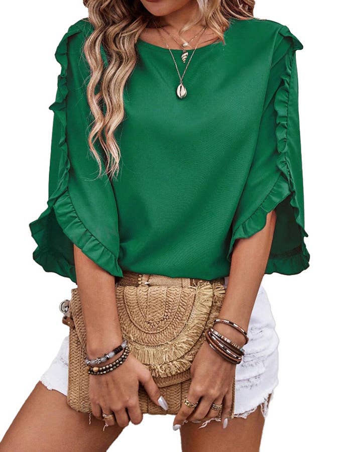 Suhkasana - Wholesale Blouse - Women's - Summer Solid Ruffle Loose Fit Sleeve Shirt3