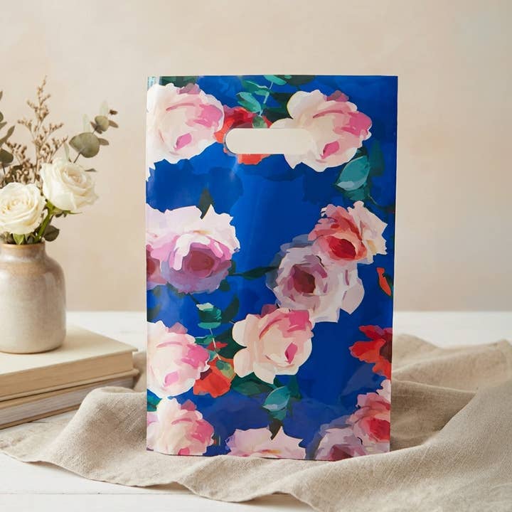 50pc, Marineblå Pink Blomstret Rose Print Udsnit håndtag PVC Taske for engroshandel hos ByHome