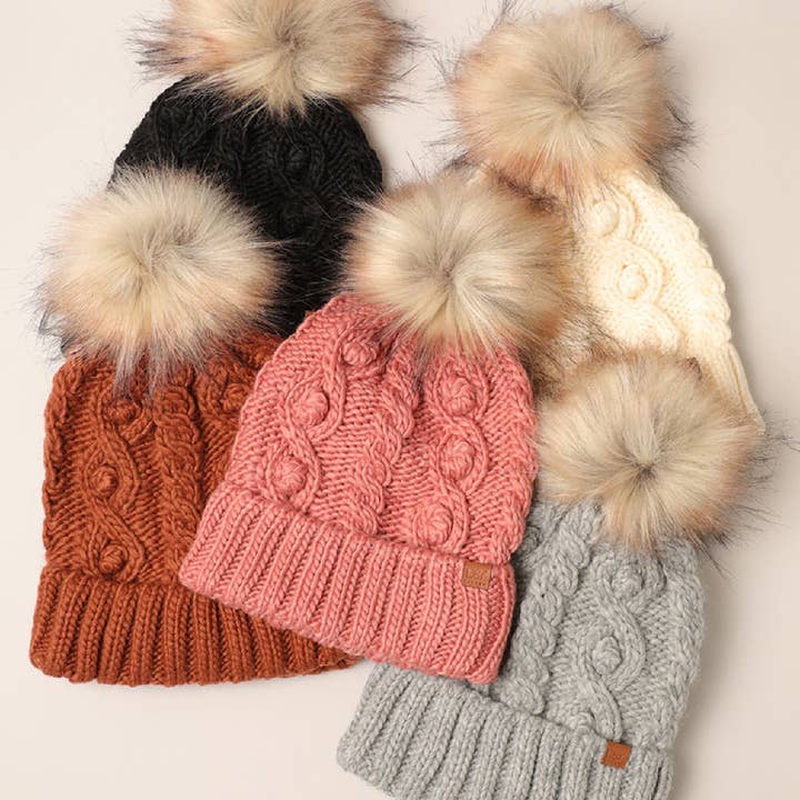 Fashion City - Wholesale Beanie – Women's - Popcorn Trim Knit Beanie w Faux Fur Pom9