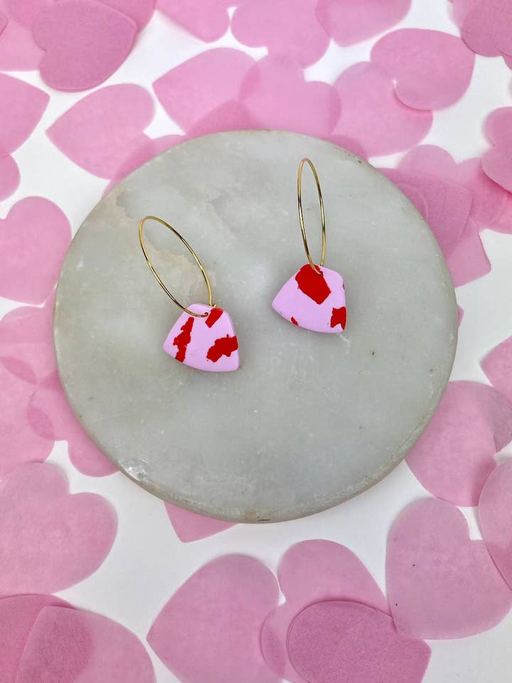 24k Gold Plated Pink & Red Terrazzo Clay Hoop Earrings for wholesale by Aloë Earrings