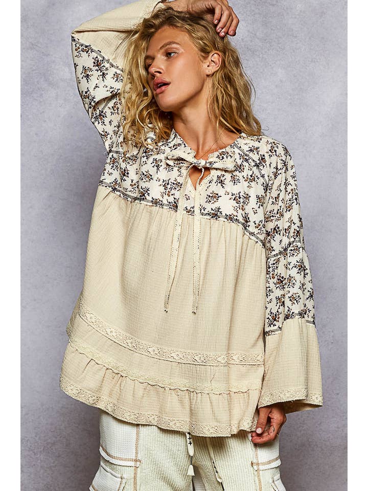 NATURAL 3/4 flared sleeve double gauze floral patch woven top for wholesale on Faire