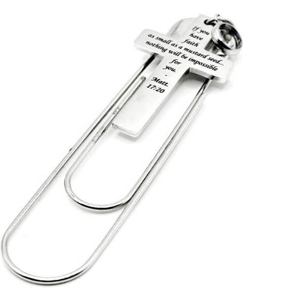 Mustard Seed Faith Cross Paperclip Bookmark Stainless Steel Christian Bookmark Scripture Gift Matt 17 20 Faith Gift for wholesale by JKCE Designs