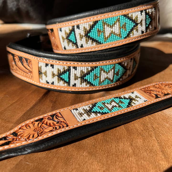 Westrian (Formerly Equipage) - Wholesale Pet Collar - Dog - Southwestern Western Tooled Leather Beaded Dog Collar - Turq
