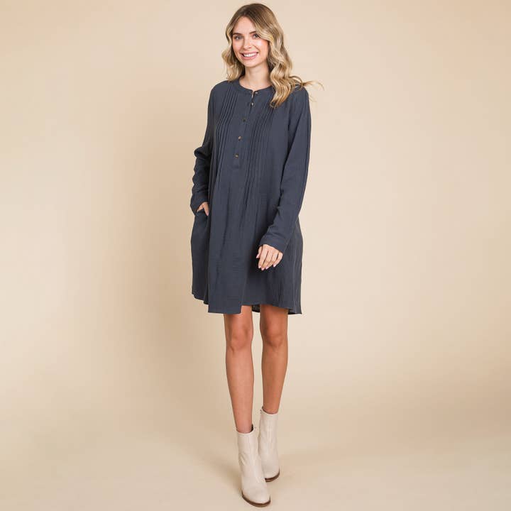 ROLYPOLY - Wholesale Dress - Women's - Long Sleeve Double Gauze Henley Tunic Cotton Dress1