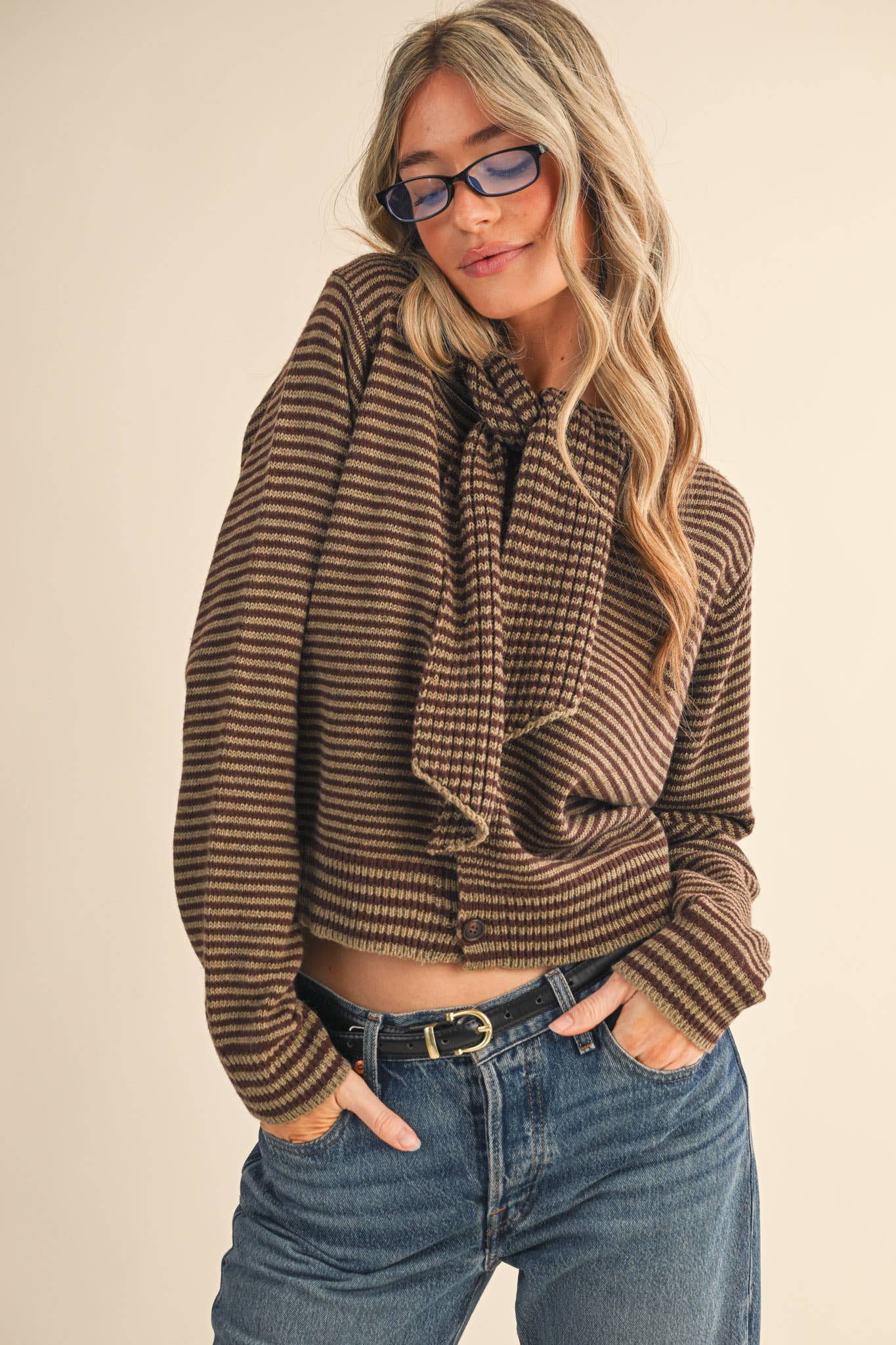 &MERCI - Wholesale Knit Sweater - Women's - STRIPED TYING NECK SWEATER CARDIGAN MSW1112542