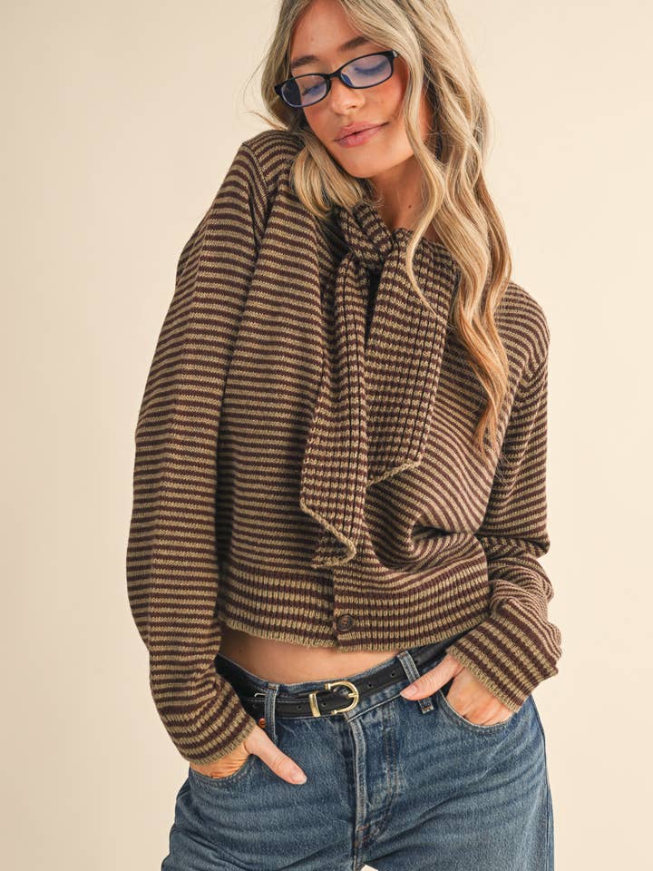 &MERCI - Wholesale Knit Sweater - Women's - STRIPED TYING NECK SWEATER CARDIGAN MSW1112533