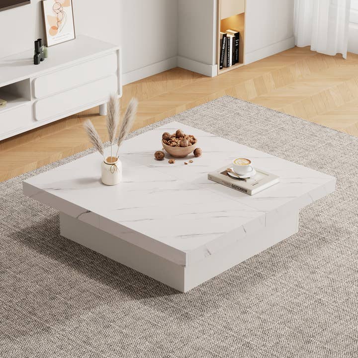 Urban Meuble - Wholesale Side Table - Modern white square coffee table with marble effect, 4 drawers, sliding top 90x90x25cm KHEKRIED3