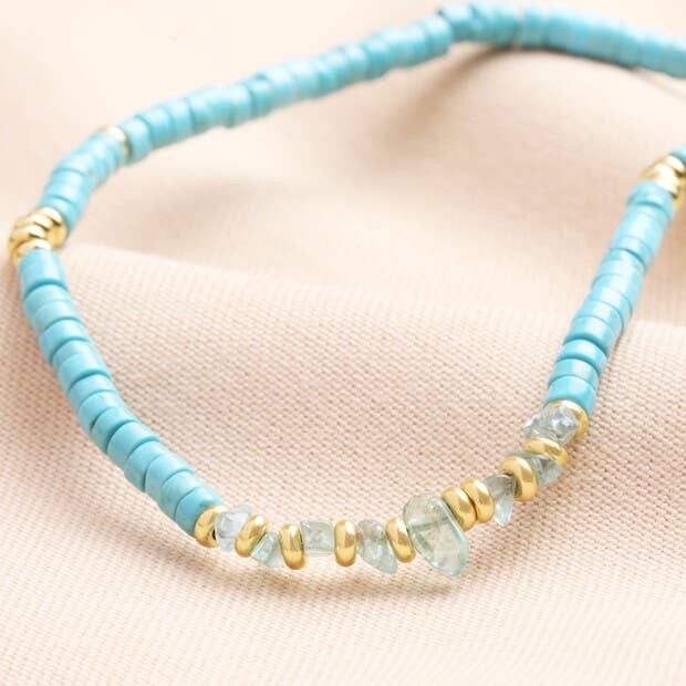 Blue Semi-Precious Heishi Beaded Necklace in Gold for wholesale by Lisa Angel