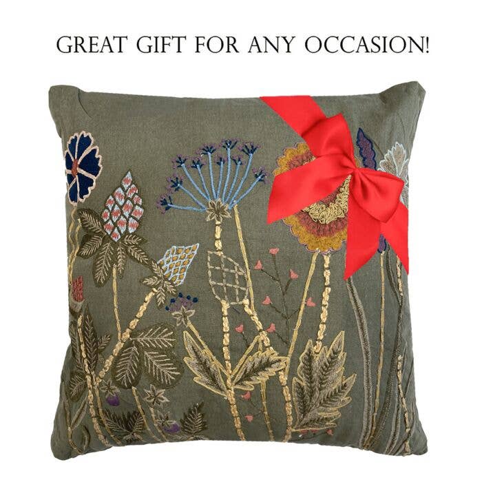 STP - Wholesale Throw/Decorative Pillow - Wild Flowers Cotton Embroidered Pillow in Light Gray3