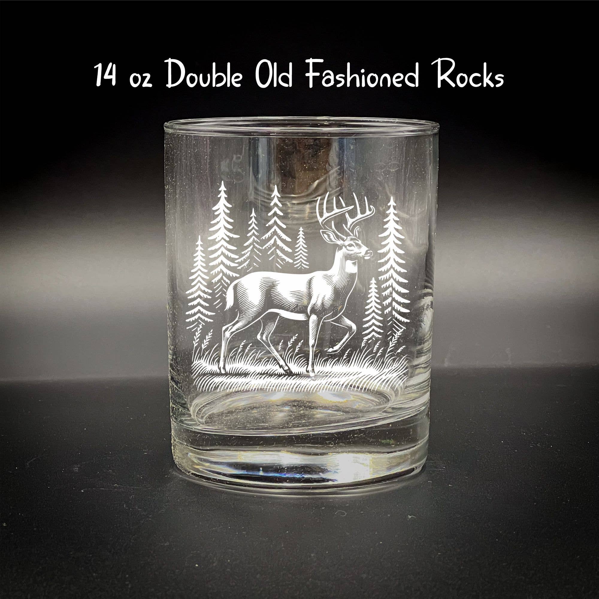 Adirondack Etching LLC - Wholesale Cocktail/Liquor Glass - Deer in a Forest 14 oz Double Old Fashioned0