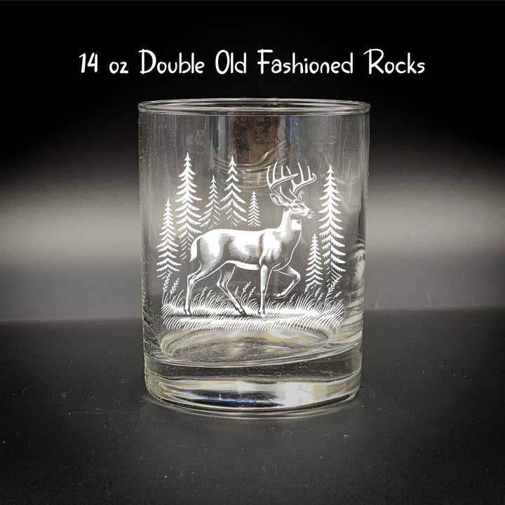 Adirondack Etching LLC - Wholesale Cocktail/Liquor Glass - Deer in a Forest 14 oz Double Old Fashioned