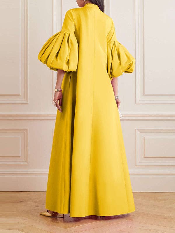 FurDecoration - Wholesale Dress - Women's - Flowy Floral Stand Collar Lantern Sleeve Maxi Dress15