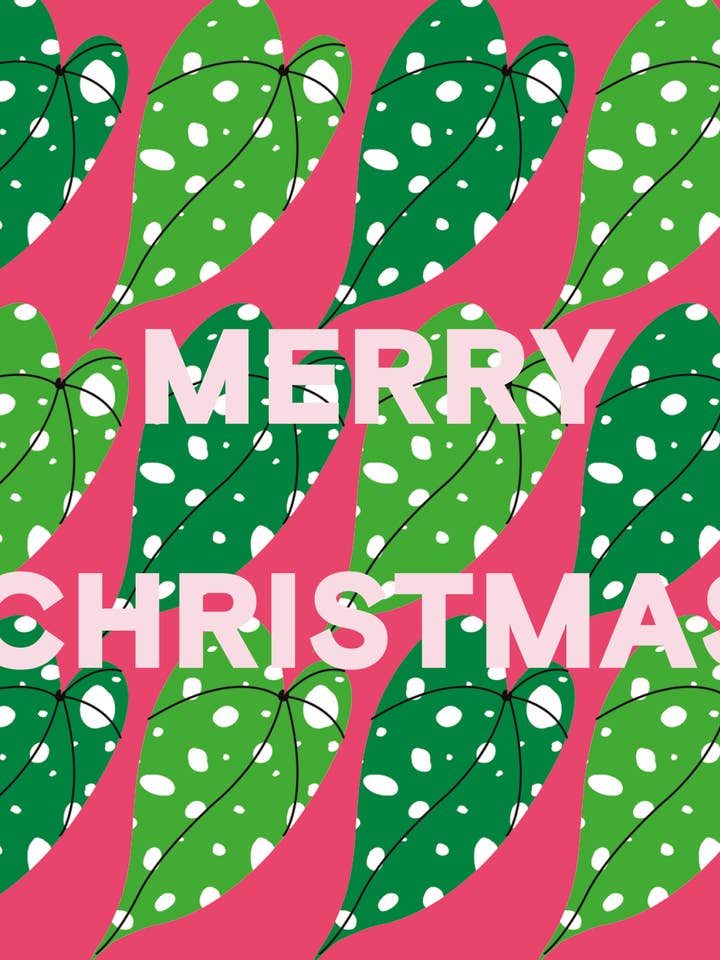 XMAS GREETINGS CARD HOT PINK SPOT LEAF PRINT for wholesale by Gabrielle Good