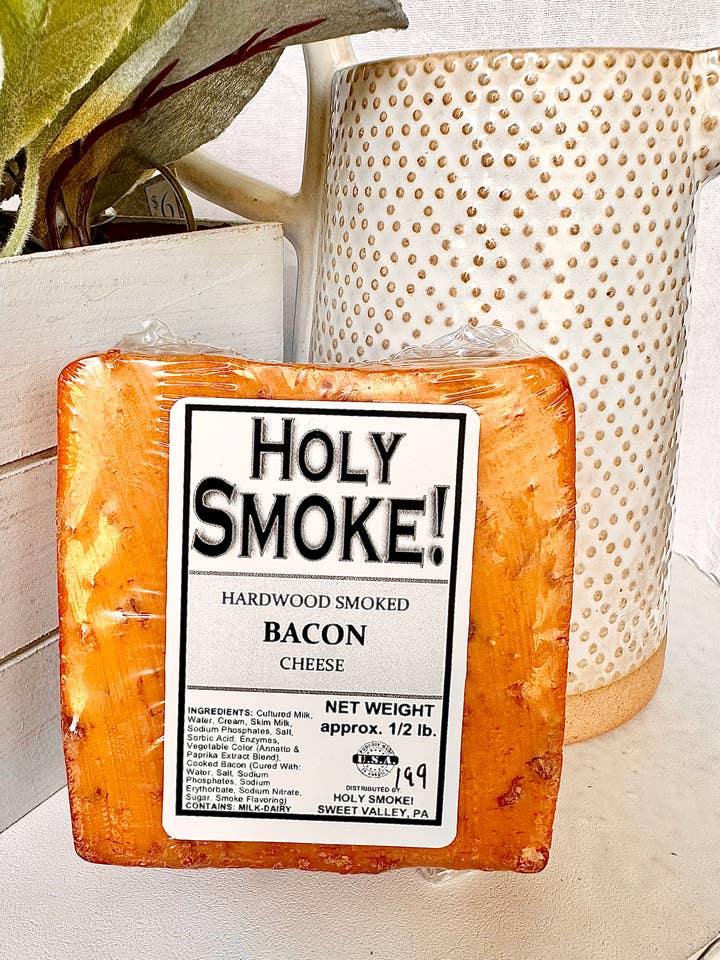 Bacon Hardwood Smoked Cheese for wholesale by Holy Smoke!