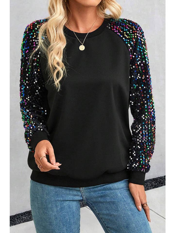 Black Sequin Raglan Sleeve Crewneck Sweatshirt for wholesale on Faire