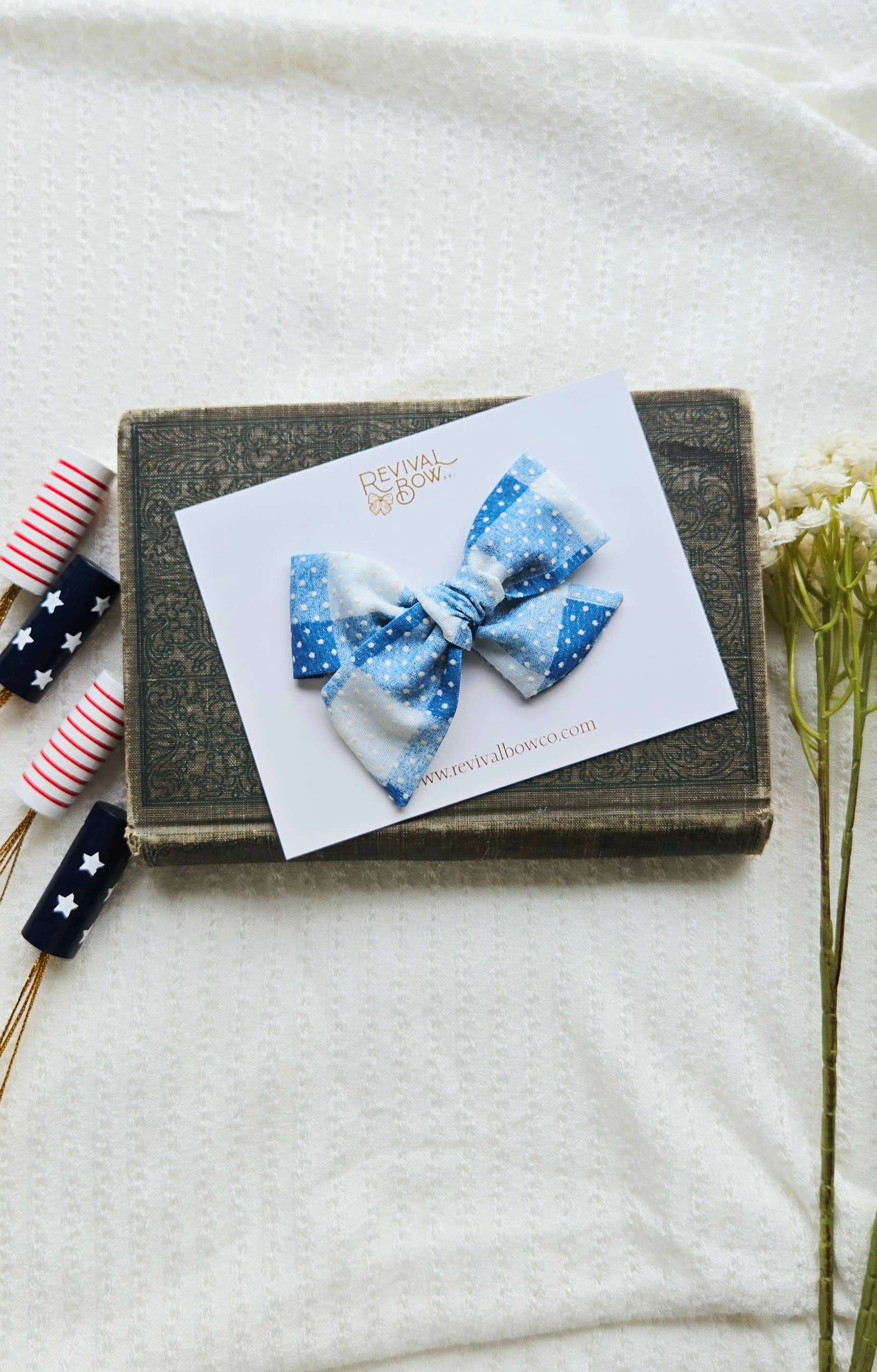 Revival Bow Co. - Wholesale Hair Bow - Kids - Classic Handtied Bow on Clip • Gingham Swiss Dot / Summer