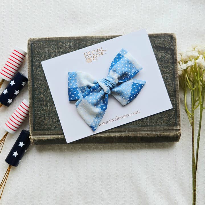 Revival Bow Co. - Wholesale Hair Bow - Kids - Classic Handtied Bow on Clip • Gingham Swiss Dot / Summer0
