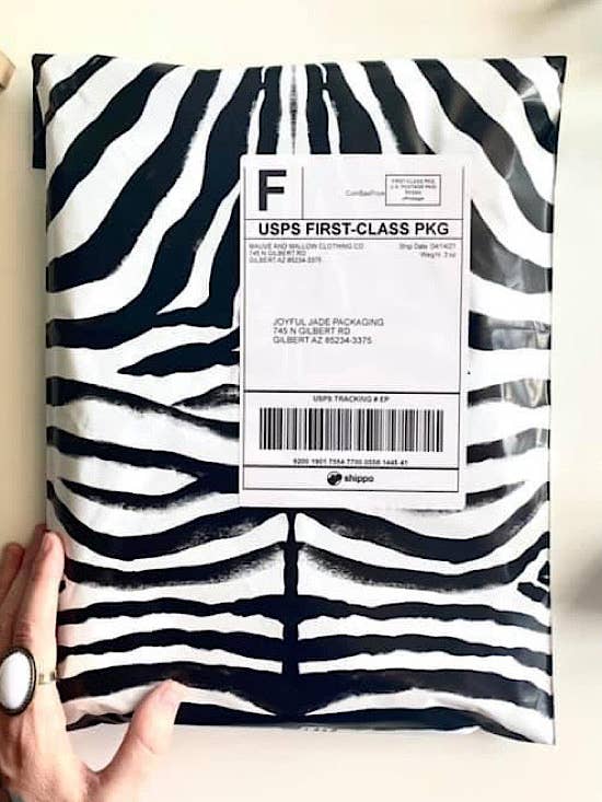 Zebra Polymailers for wholesale by Mauve and Mallow Clothing Co