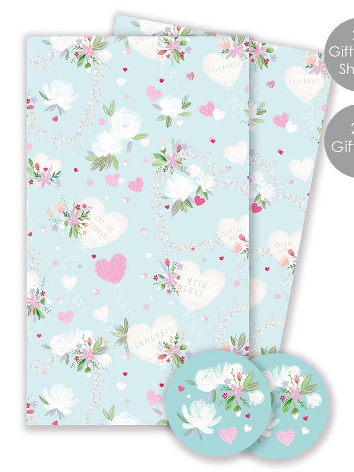 Paquete de papel de regalo y etiquetas de regalo - Love Heart & Flowers para venta al por mayor de Abacus Cards and Clare Maddicott Publications