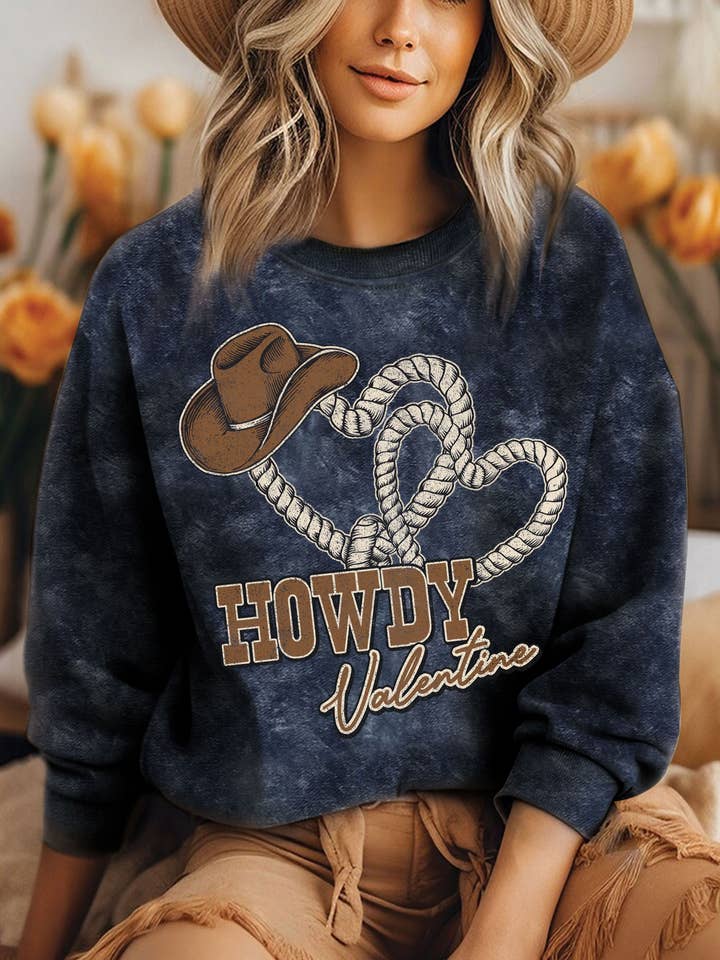 COWBOY HAT HOWDY VALENTINE MINERAL BRUSHED SWEATSHIRT for wholesale by Rustee Clothing