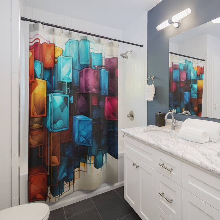 Geometrisk bruseforhæng Stort firkantet kunstdesign badgardin abstrakt mønster for engroshandel hos Outlaw Design Crafts and Gifts