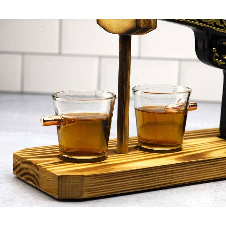 The Wine Savant / Khen Glassware – wholesale Decanter – Glass Hand Painted Pistol Gun Decanter & Shot Glasses Set