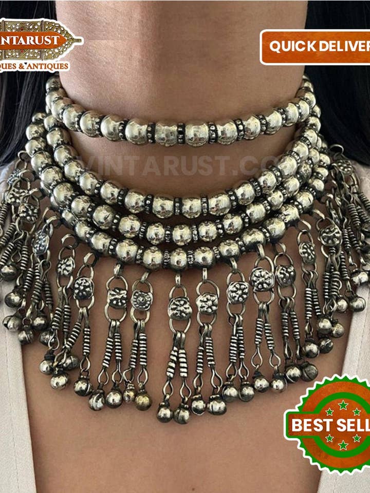 Afghanske Choker halskæde med sølv Metal perler for engroshandel hos vintarust