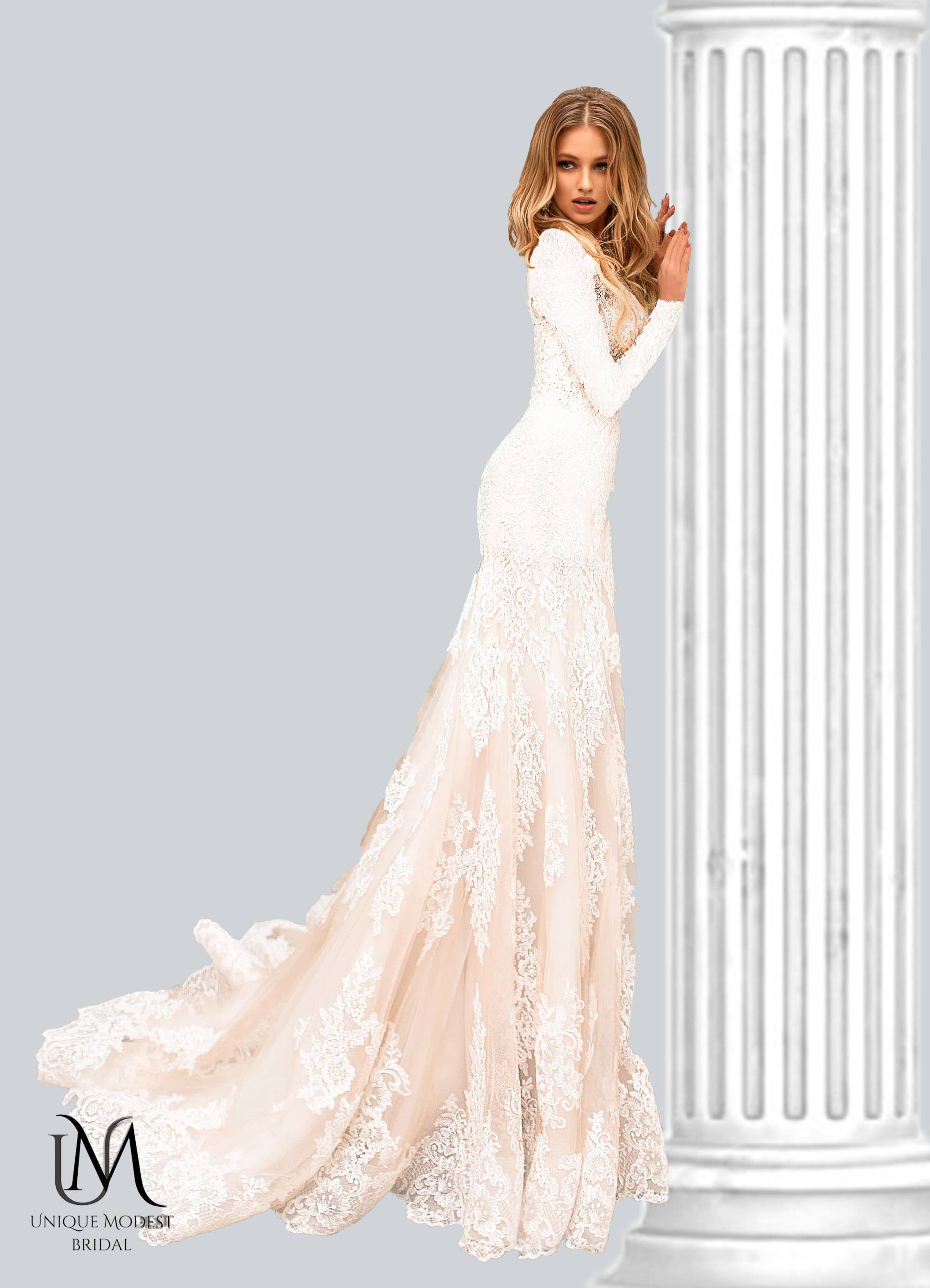 Unique Modest Bridal - Wholesale Gown - Women's - Ariel - Long Sleeve Elegant Mermaid Modest Wedding Dress3