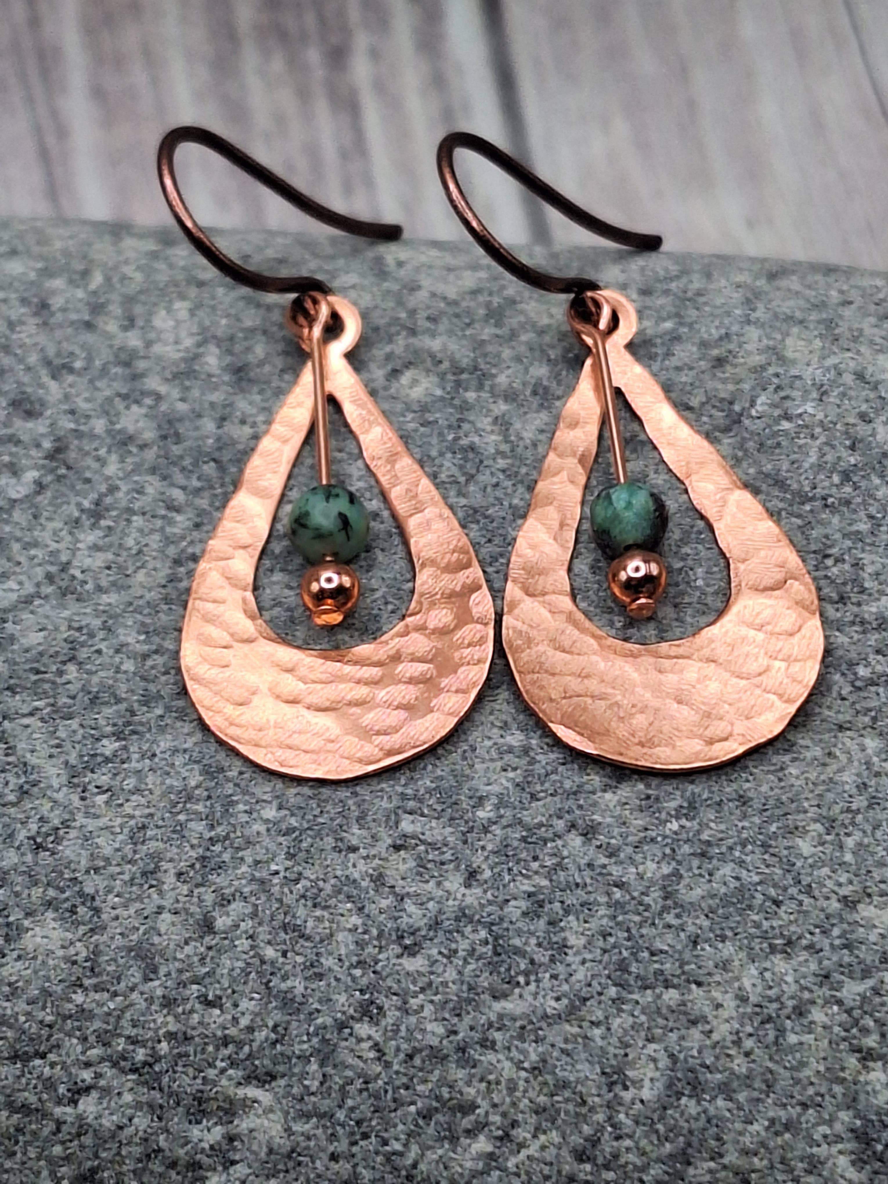 Harper House Studio - Wholesale Dangle Earrings - Boho Hammered Copper Earrings with African Turquoise 2