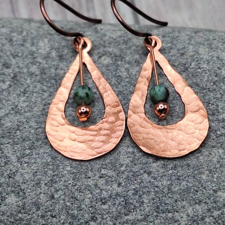 Harper House Studio - Wholesale Dangle Earrings - Boho Hammered Copper Earrings with African Turquoise 2