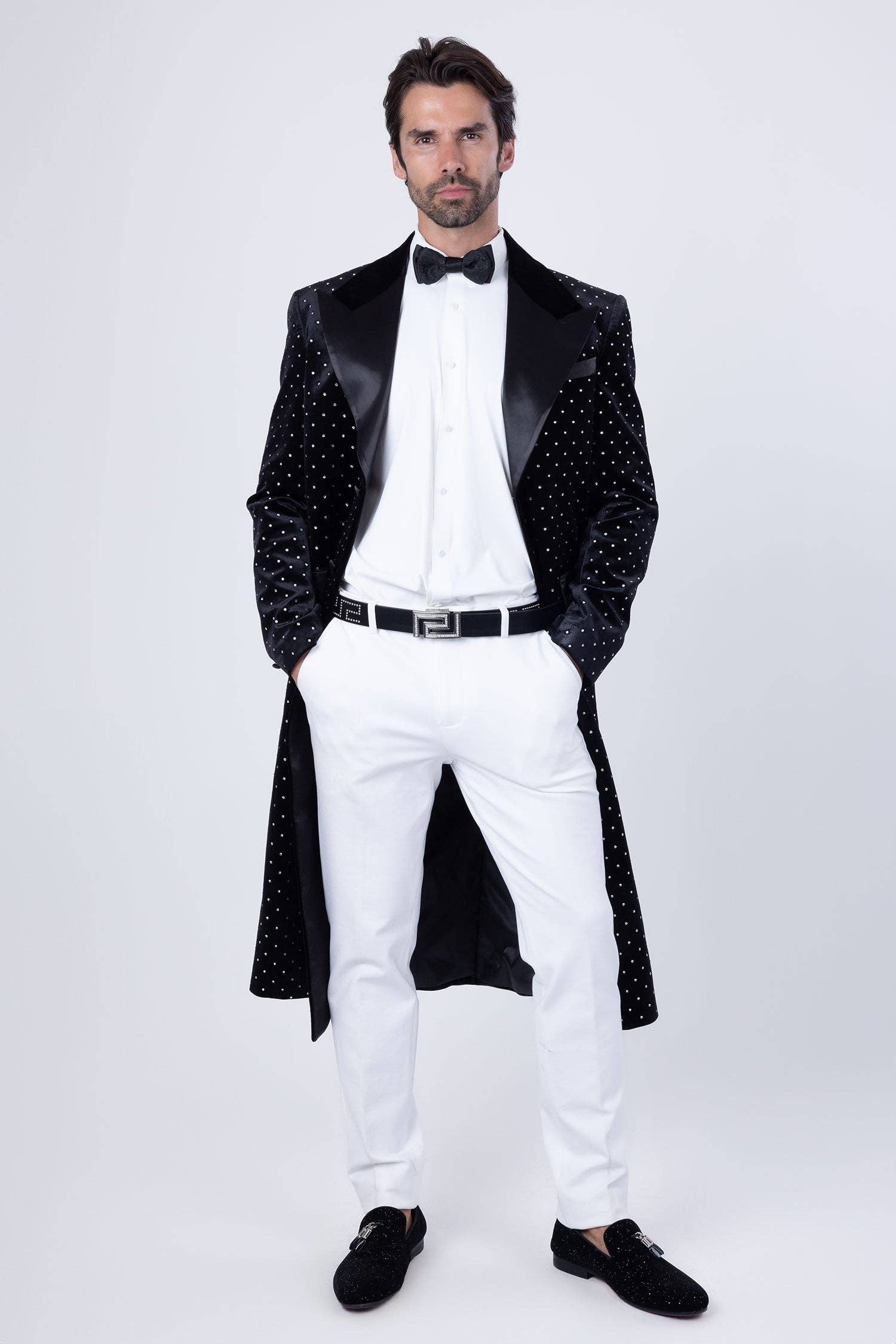 BARABAS - Wholesale Coat - Men's - Men's Rhinestone Velvet Peak Lapel Long Coat 4LBL495