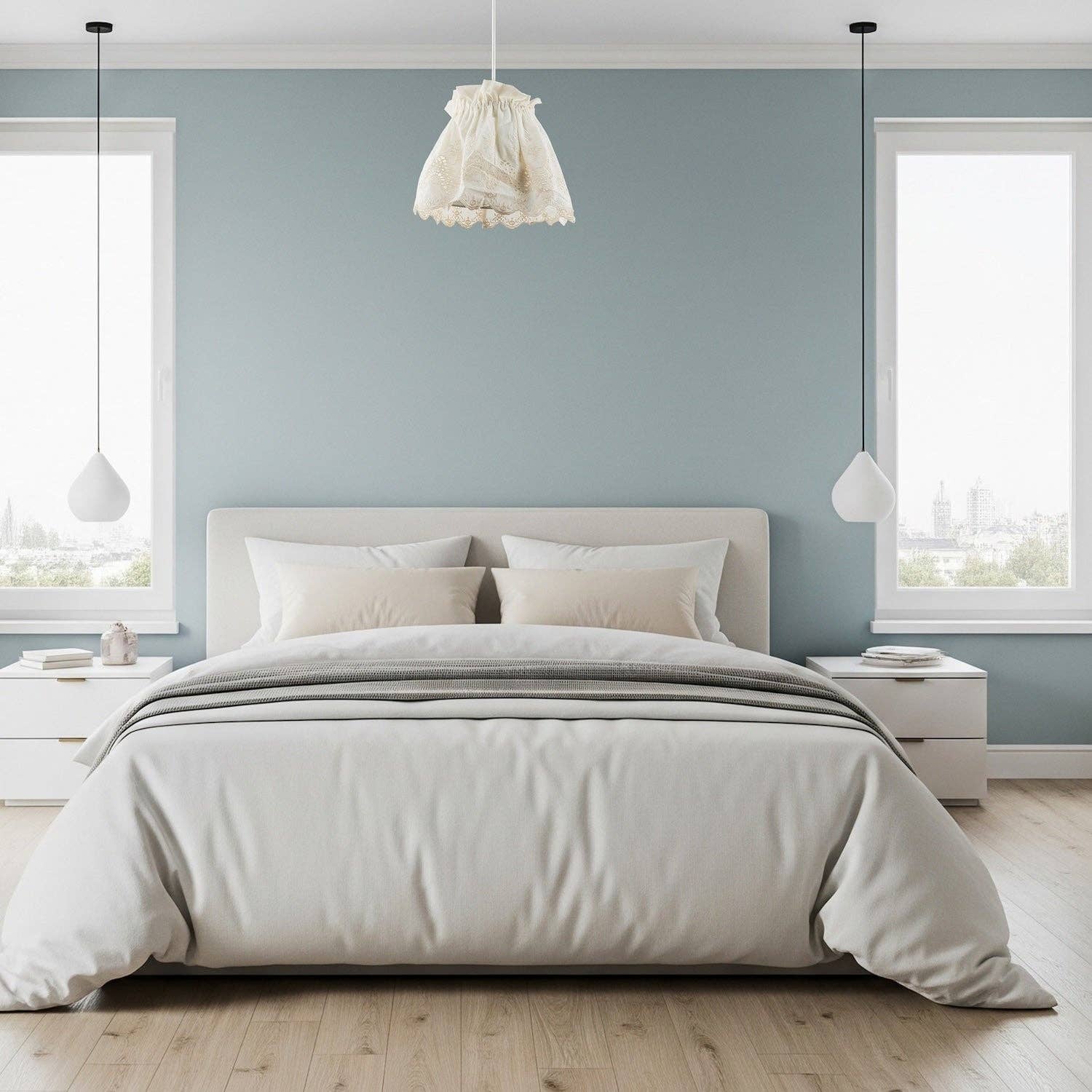 Happy Homewares – wholesale Lampshade – Modern Cream Cotton Fabric Pendant Lamp Shade with Floral Lace Design5