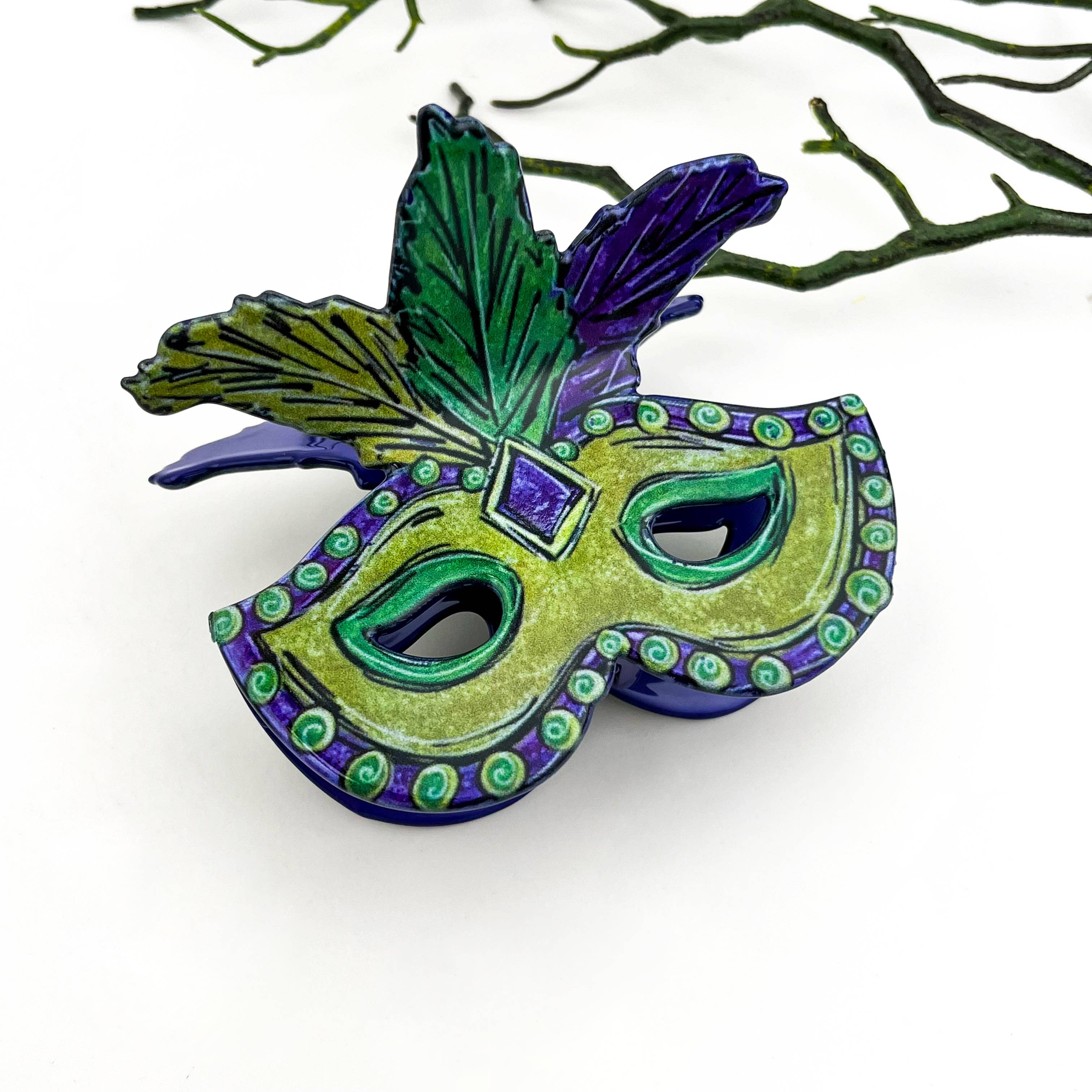 Green Feather Masquerade & Holiday Acetate Mask Hair Claw Clip for wholesale on Faire2