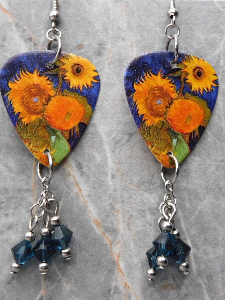 Pendientes de púa de guitarra con girasoles de Van Gogh y Swarovski azul para venta al por mayor de Simply Raevyn
