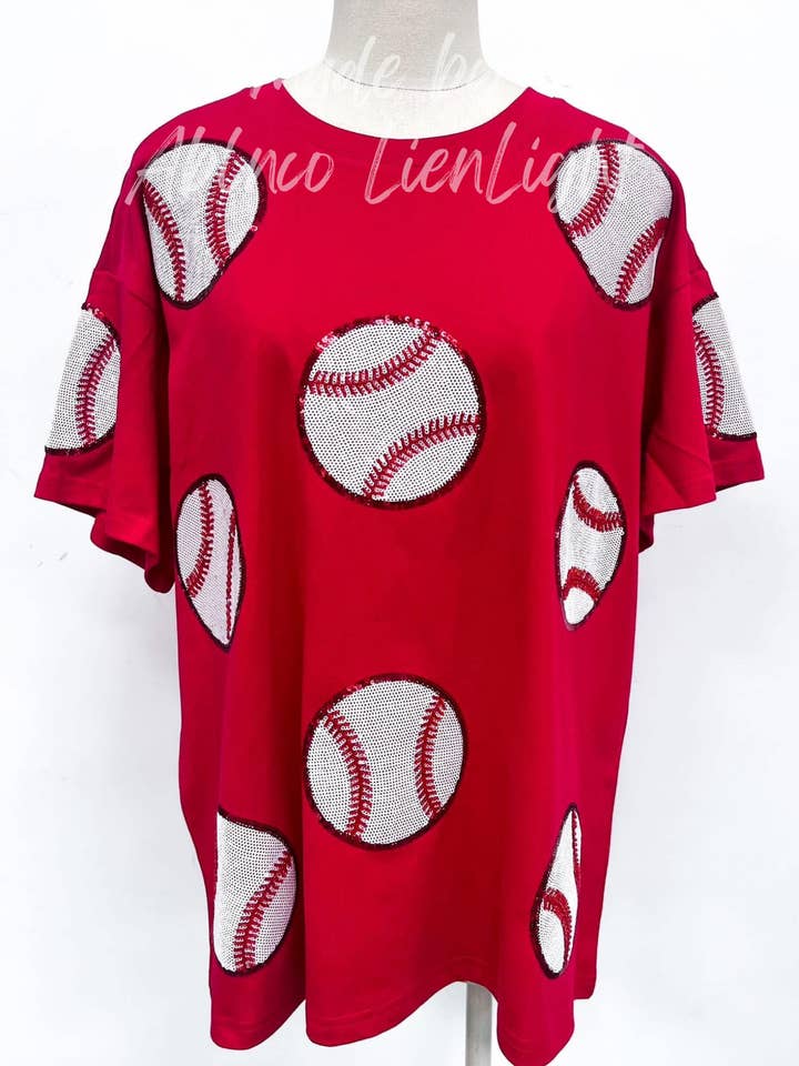Red Baseball Game Day Sequin Sparkles Beading T-Shirt for wholesale by ABLNco