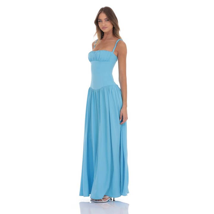 Lucy In The Sky - Wholesale Dress - Women's - Satin Ruched Bust Maxi Dress in Aqua Blue